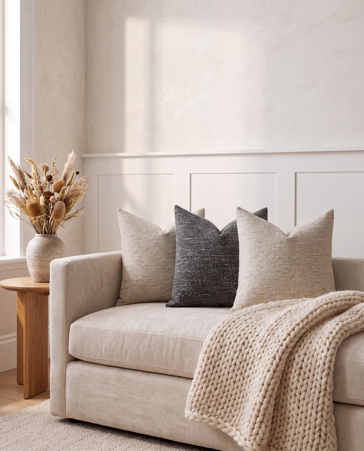 Nassjo cushions in beige and charcoal on a linen sofa