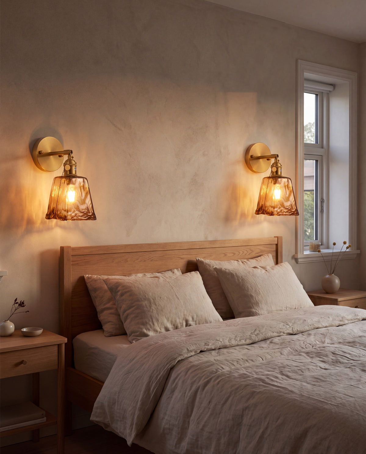 A pair of Notodden amber glass wall lights beside a bed