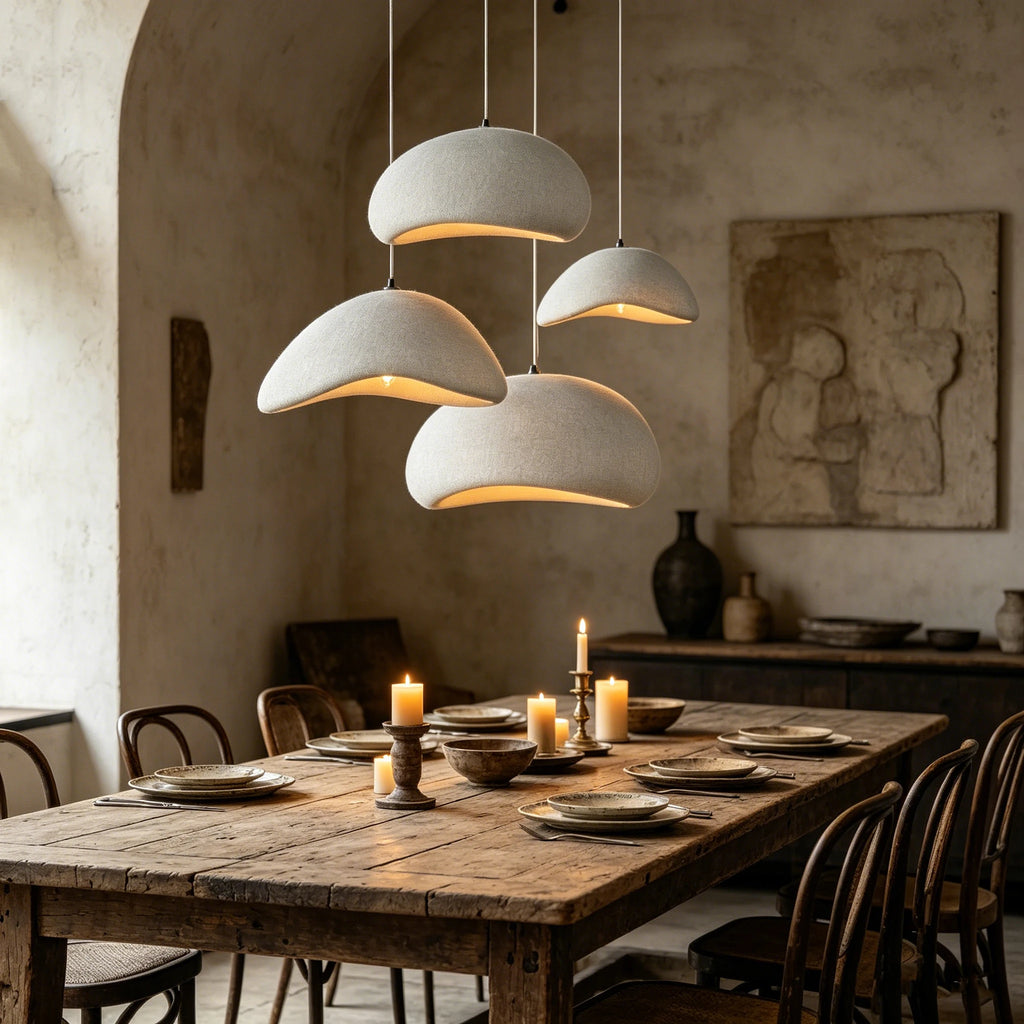 Rothwell pendants hung at staggered heights over a candlelit farmhouse table