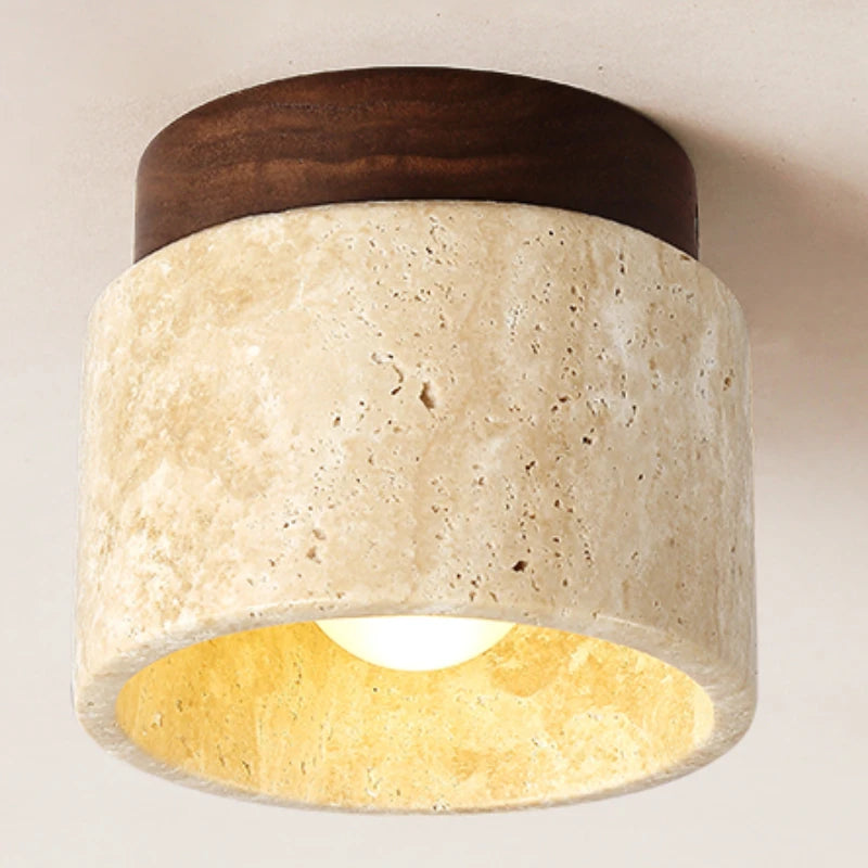 Wroxham travertine and wood flush ceiling light, lit, seen from below