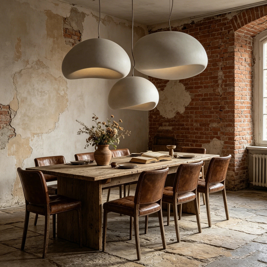 Three Rothwell cream pendants above a long table against exposed brick