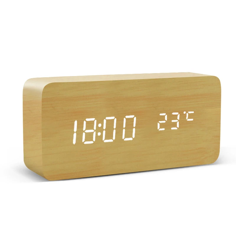 Light wood LED alarm clock showing time and temperature