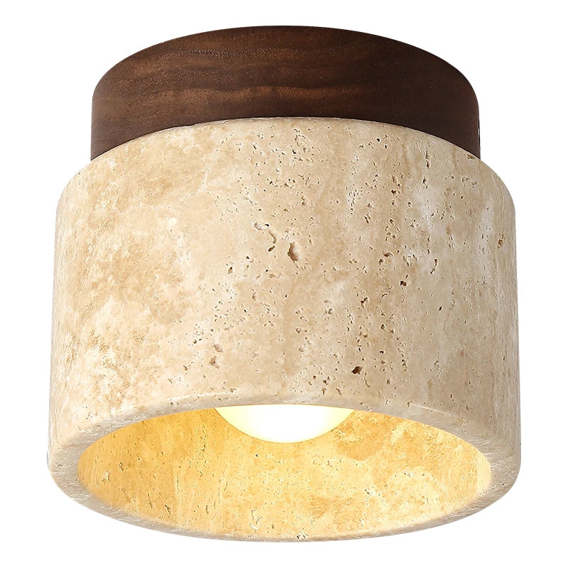 Wroxham travertine ceiling light showing the porous stone texture