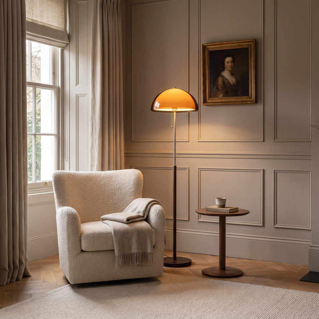 Aalen amber floor lamp lit beside a cream armchair in a panelled Georgian living room