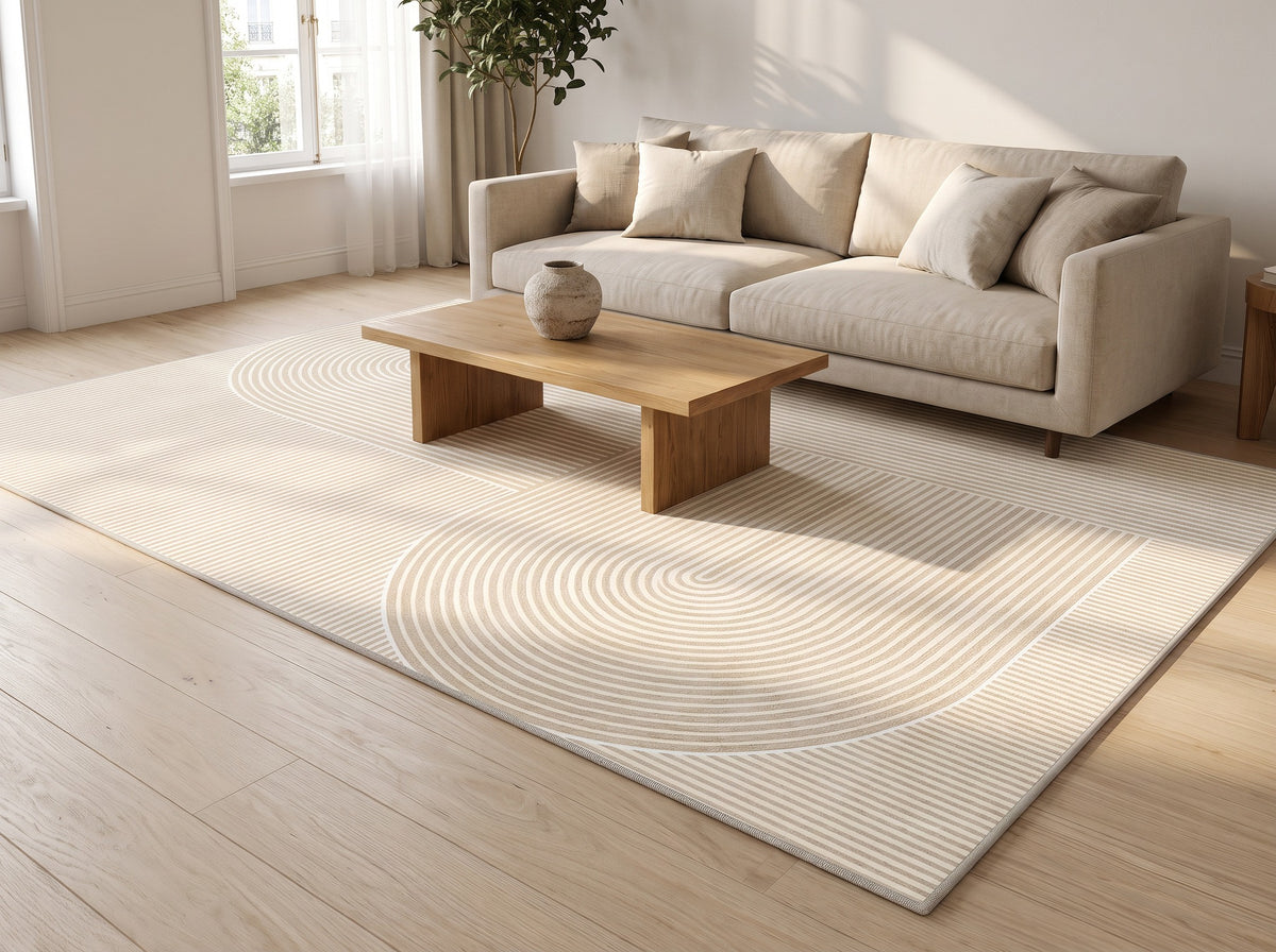 Ahlbeck rug under an oak coffee table and linen sofa