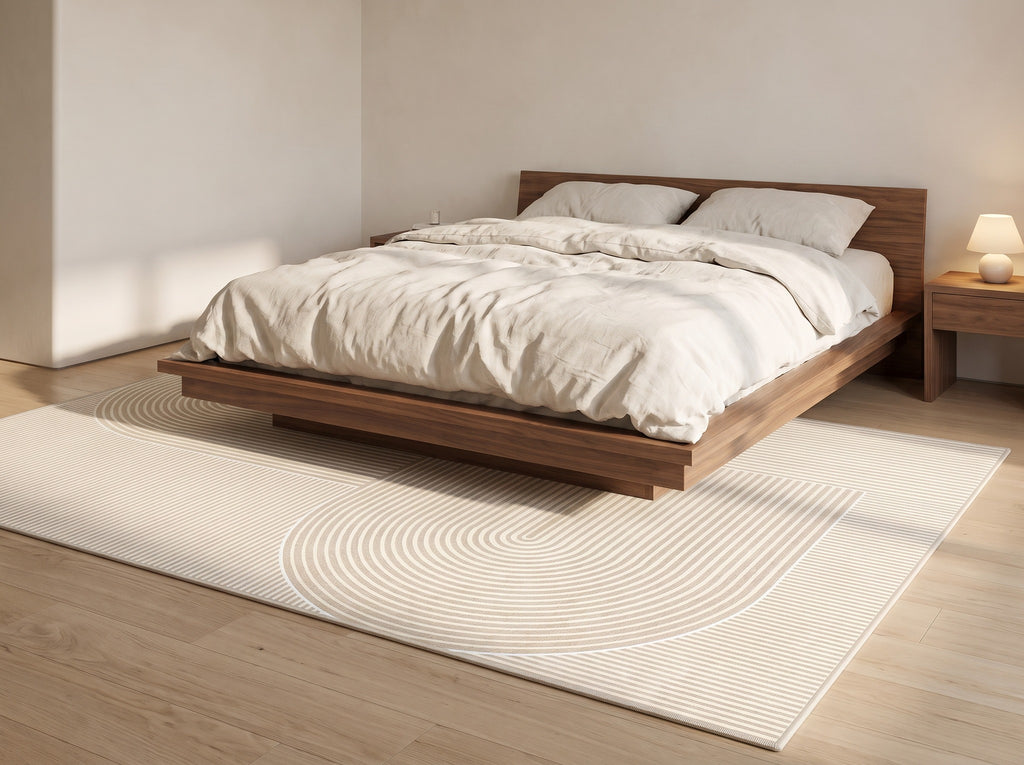 Ahlbeck cream arc rug under a walnut bed