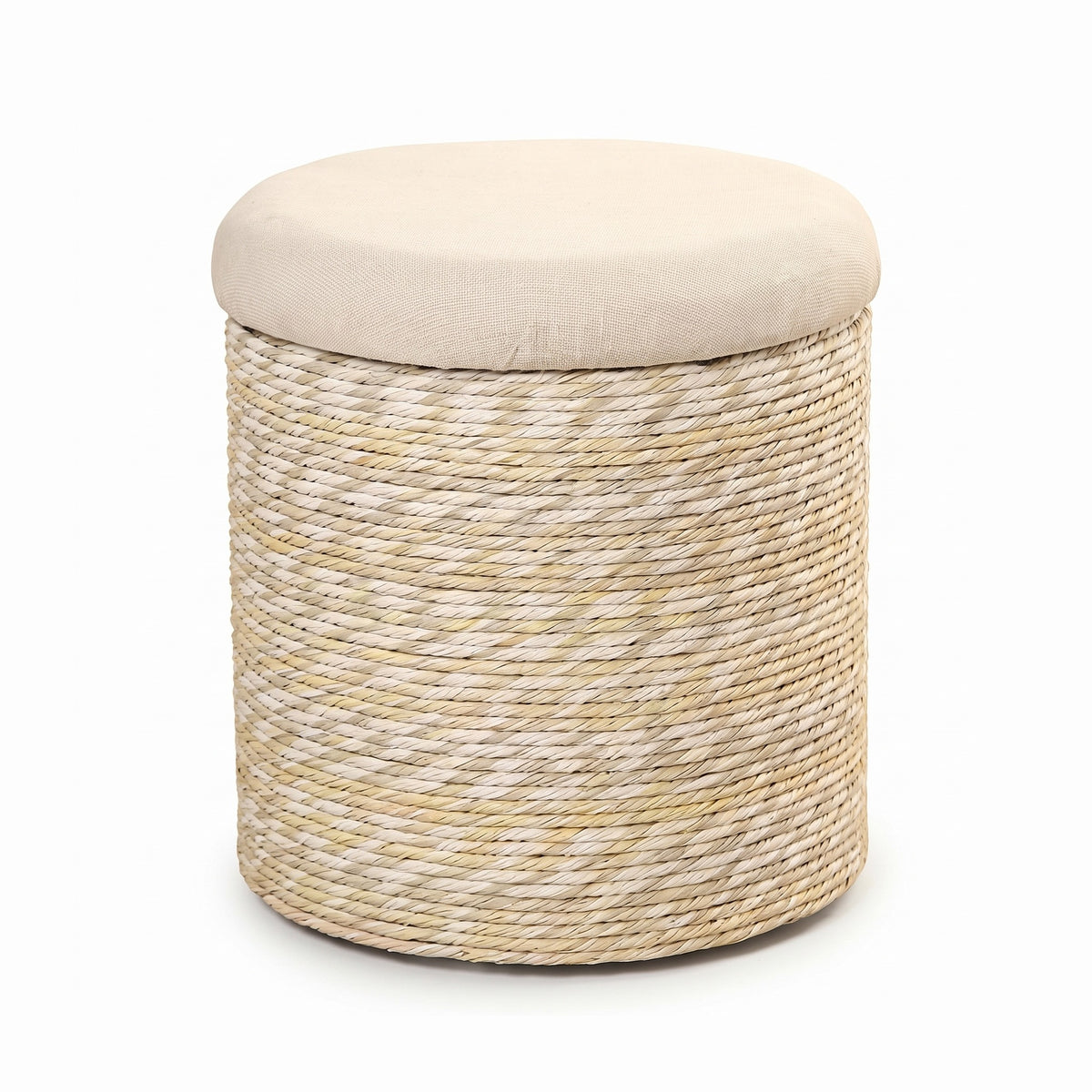 Amrum round woven rope storage stool in Natural with a cream padded lid