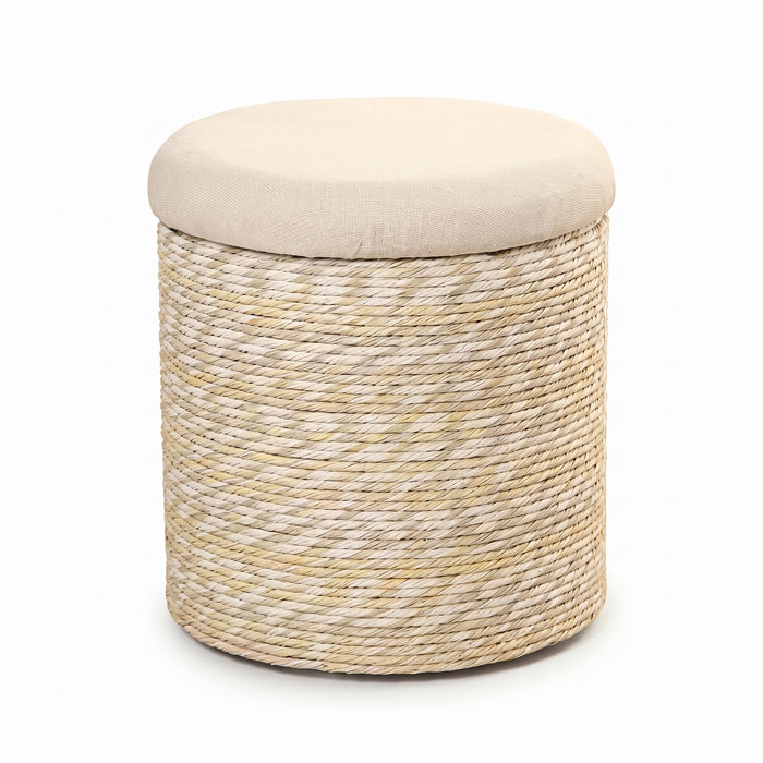 Amrum round woven rope storage stool in Natural with a cream padded lid