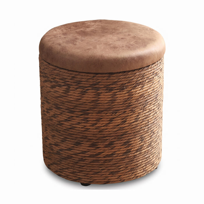 Amrum round woven rope storage stool in Coffee Brown with a brown padded lid