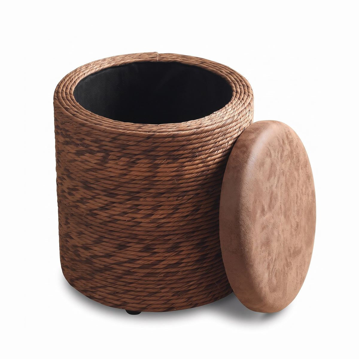 Amrum storage stool with the padded lid lifted off, showing the dark lined storage space inside