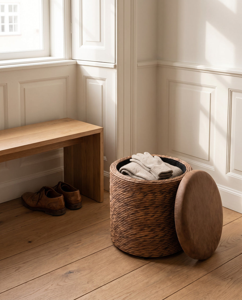 Coffee Brown Amrum storage stool open in a hallway with a scarf and gloves tucked inside