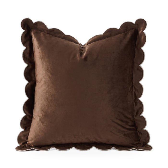 Bocholt scalloped velvet cushion cover in coffee on a white background