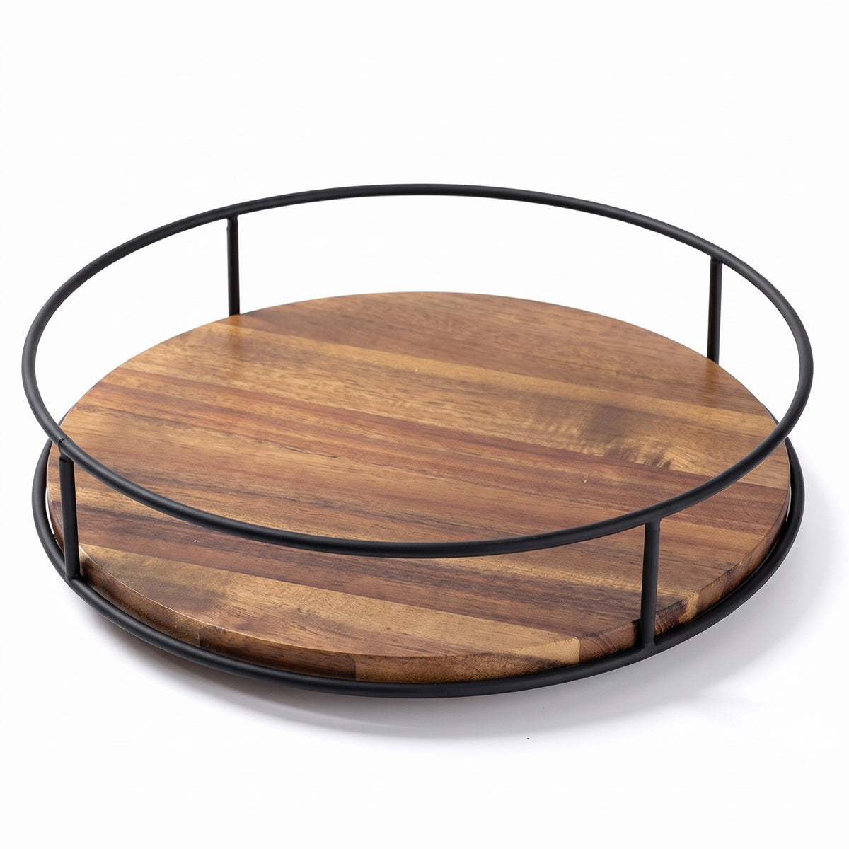 Borgholm acacia lazy susan with black metal frame on a white background