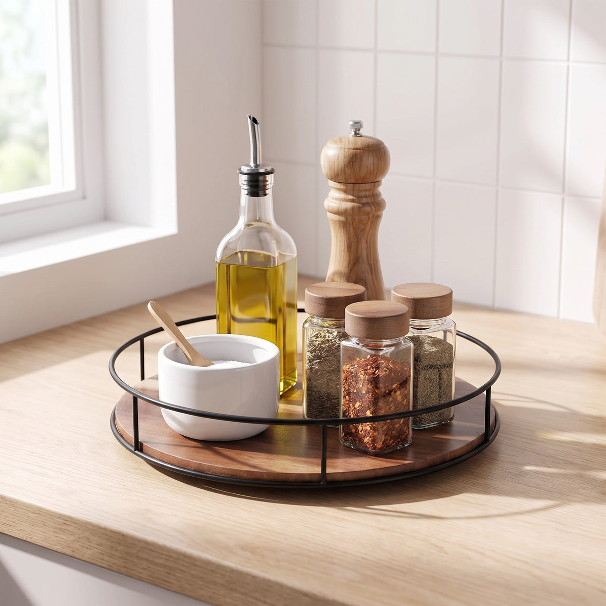 Borgholm lazy susan holding oil, pepper mill and spice jars on a kitchen worktop