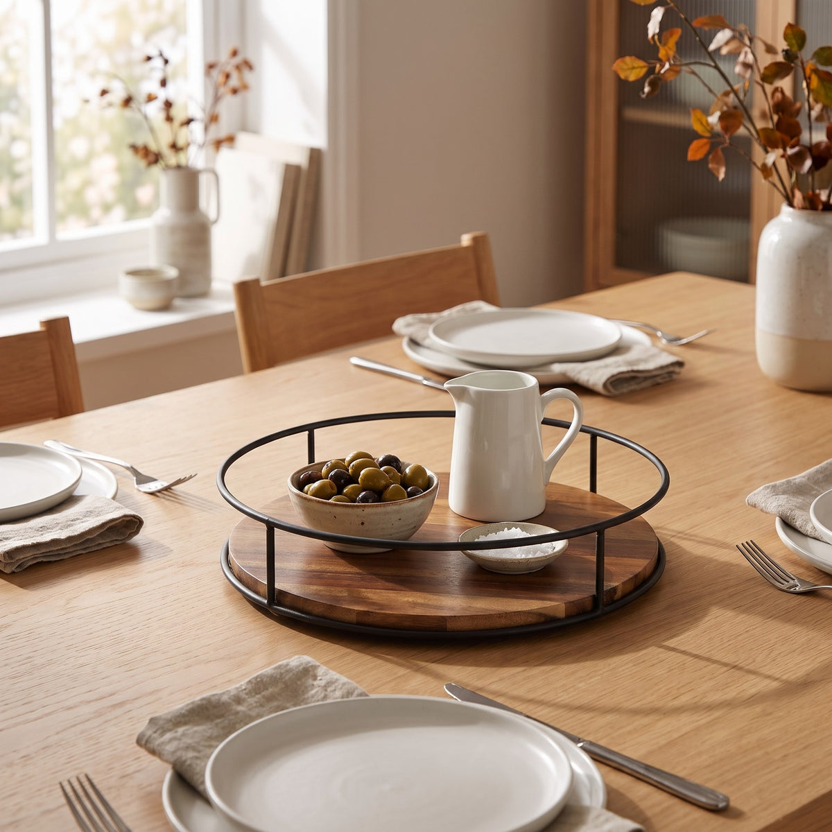 Borgholm lazy susan in the centre of an oak dining table