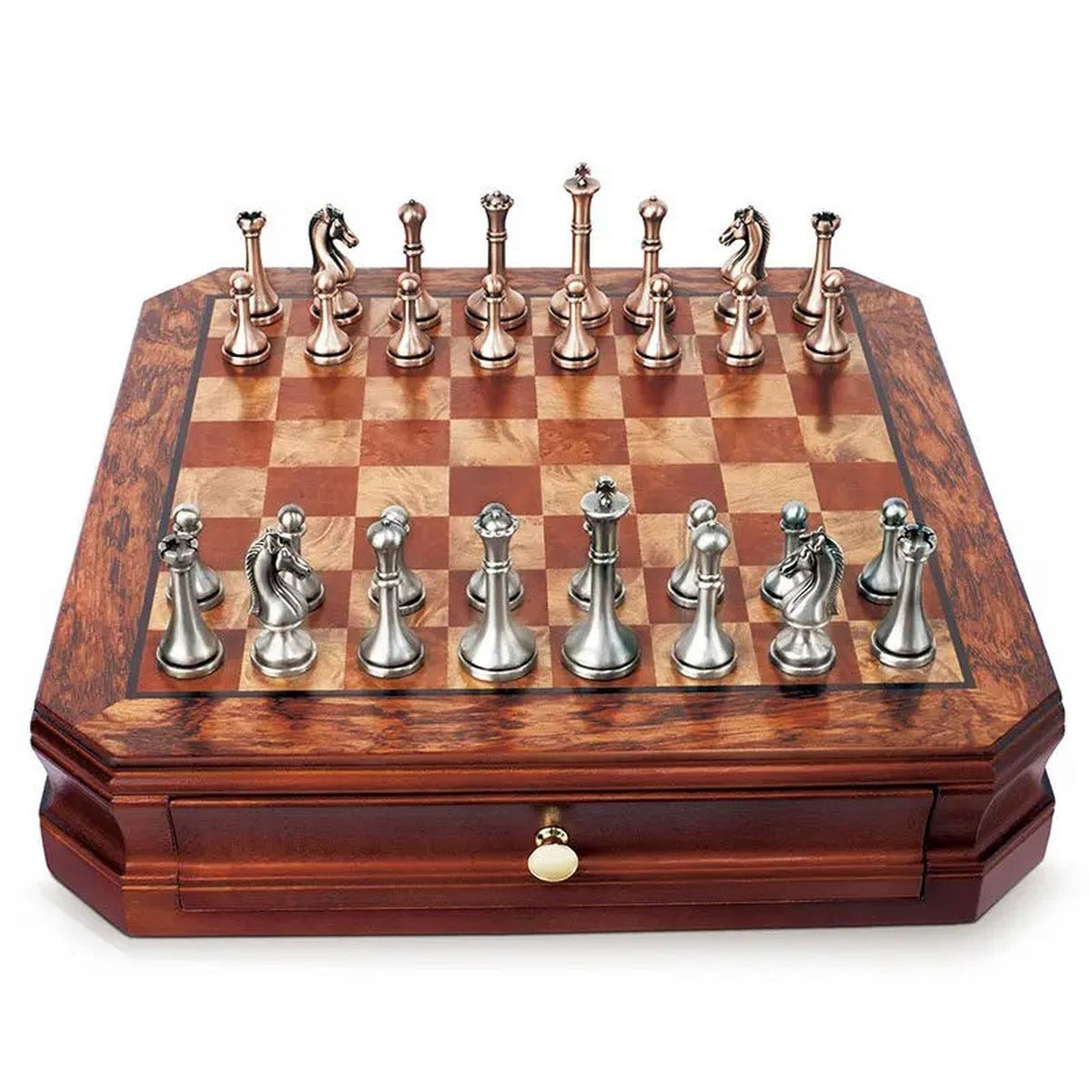 Brugge chess set with silver and copper tone metal pieces, product photo