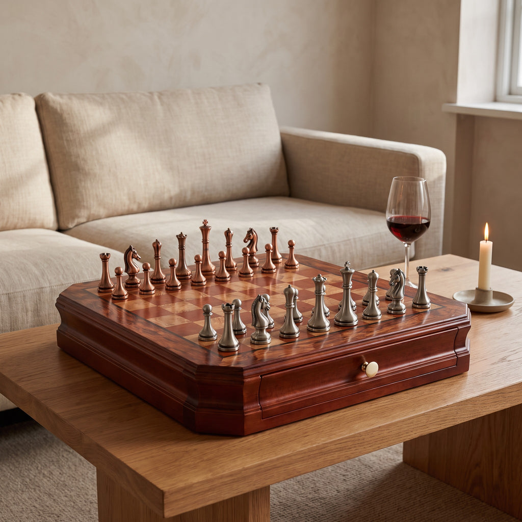 Brugge chess set on an oak coffee table in a calm living room