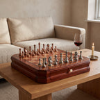 Brugge chess set on an oak coffee table in a calm living room