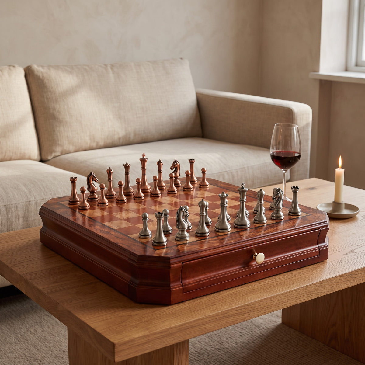 Brugge chess set on an oak coffee table in a calm living room
