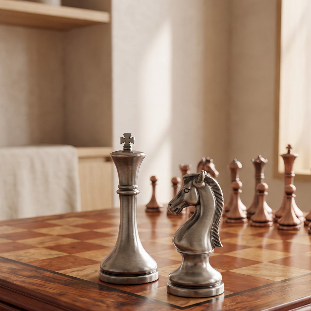 Close up of the Brugge silver tone king and knight on the board