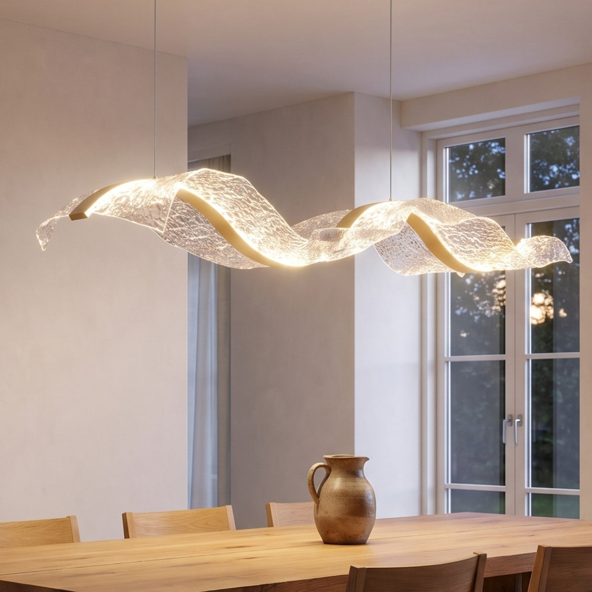 Binz wave pendant glowing over a dining table