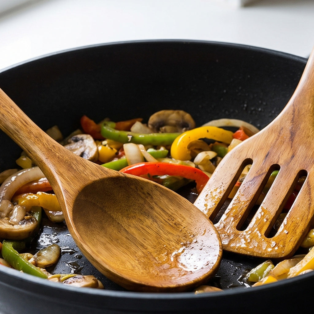 Vejen teak spoon and spatula close up