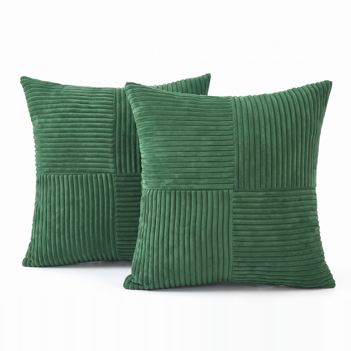 Vaasa corduroy patchwork cushion covers in forest green, set of 2