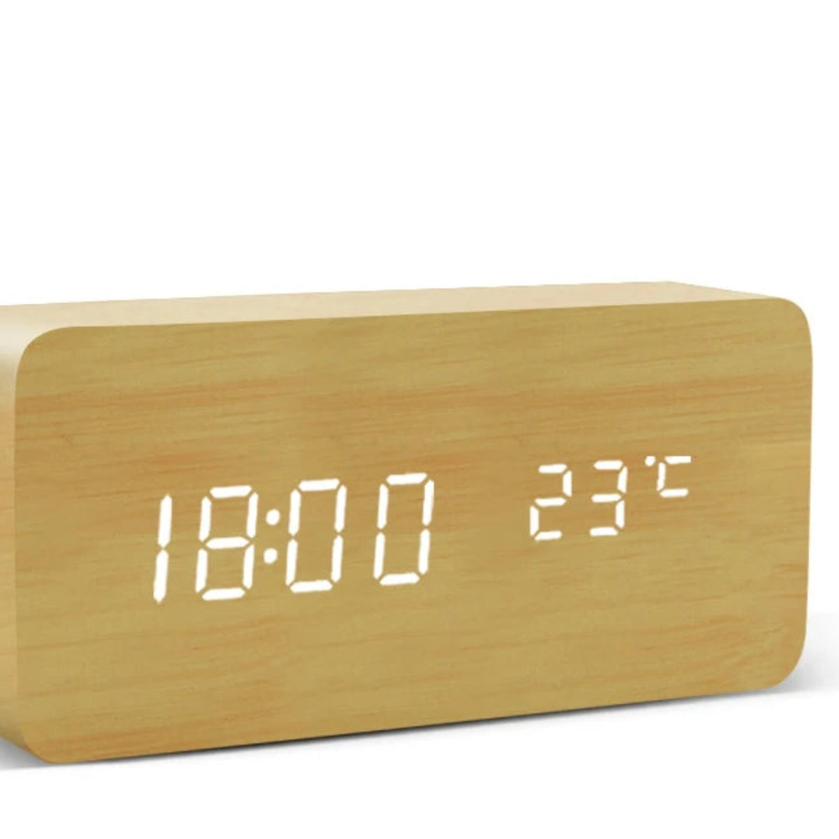 Alta alarm clock LED display close up, light wood effect
