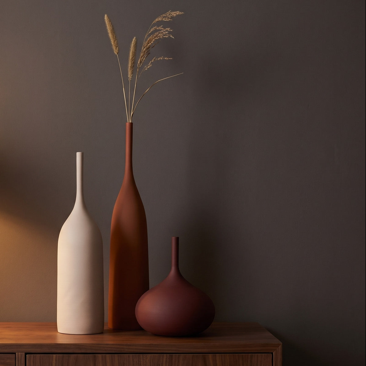 Ystad vase trio close up on a walnut sideboard