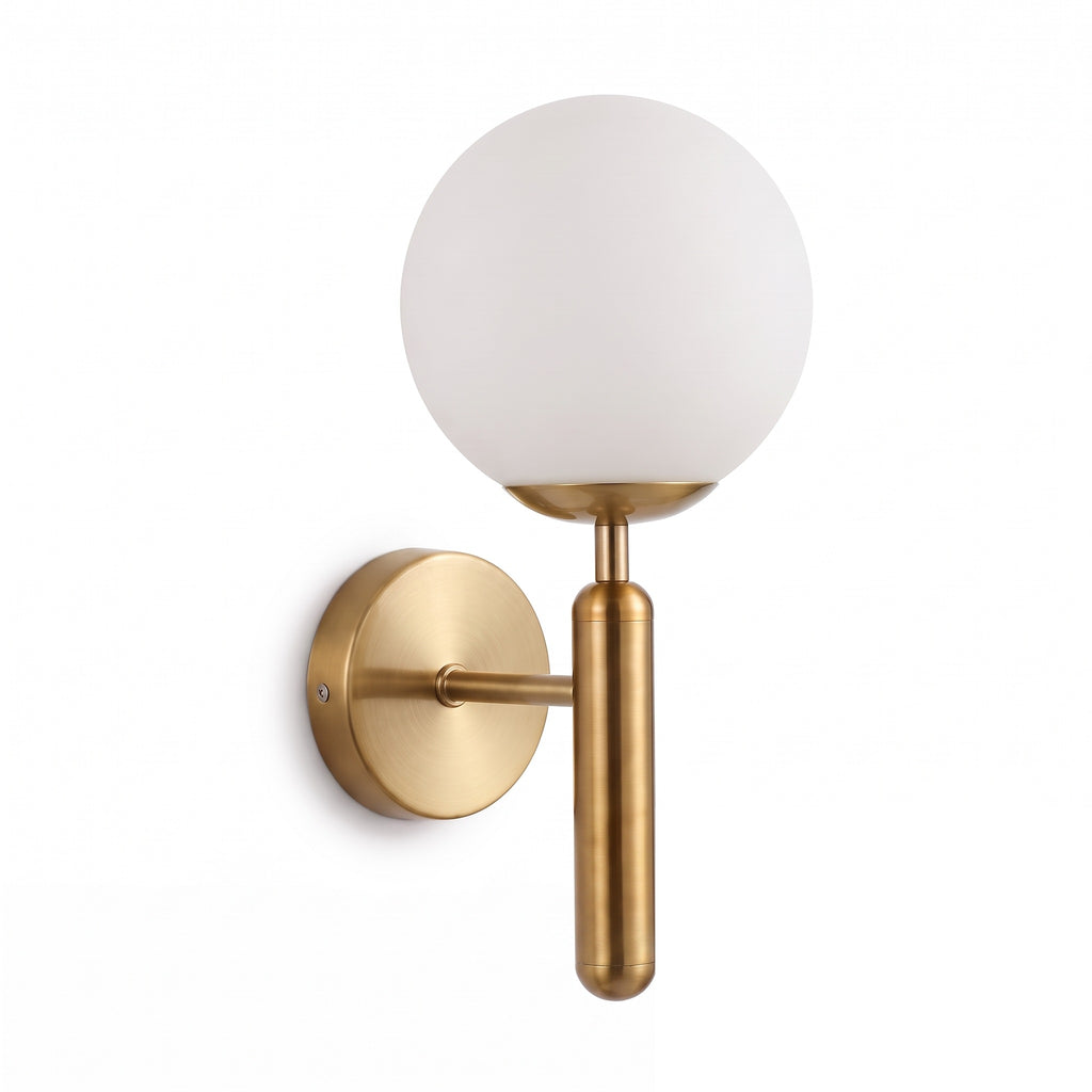 Coburg Opal Glass Globe Wall Light on Metal Column, Brass