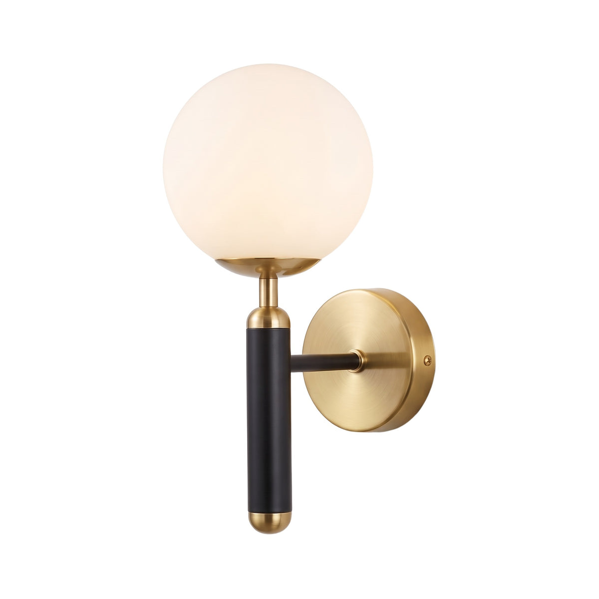 Coburg Opal Glass Globe Wall Light on Metal Column, Black and Brass
