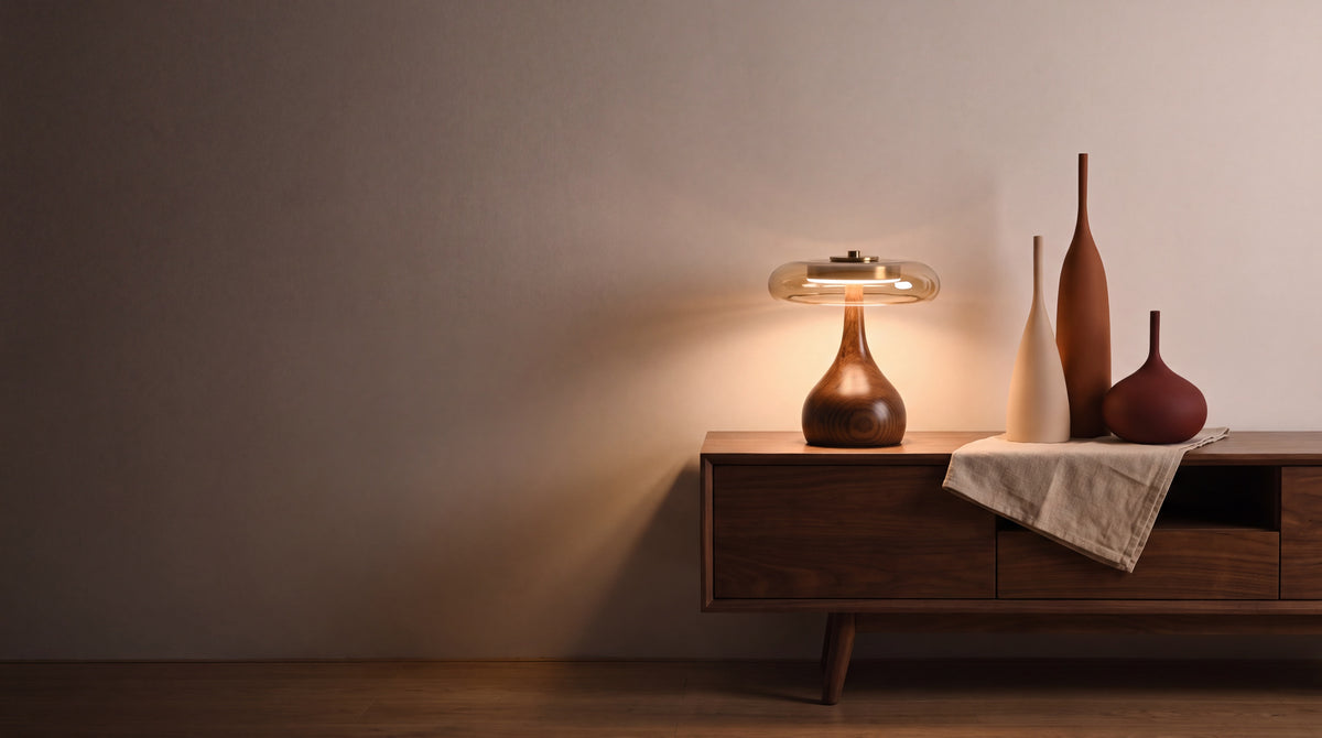 Thornbury amber glass lamp lit on a walnut sideboard in a warm evening interior