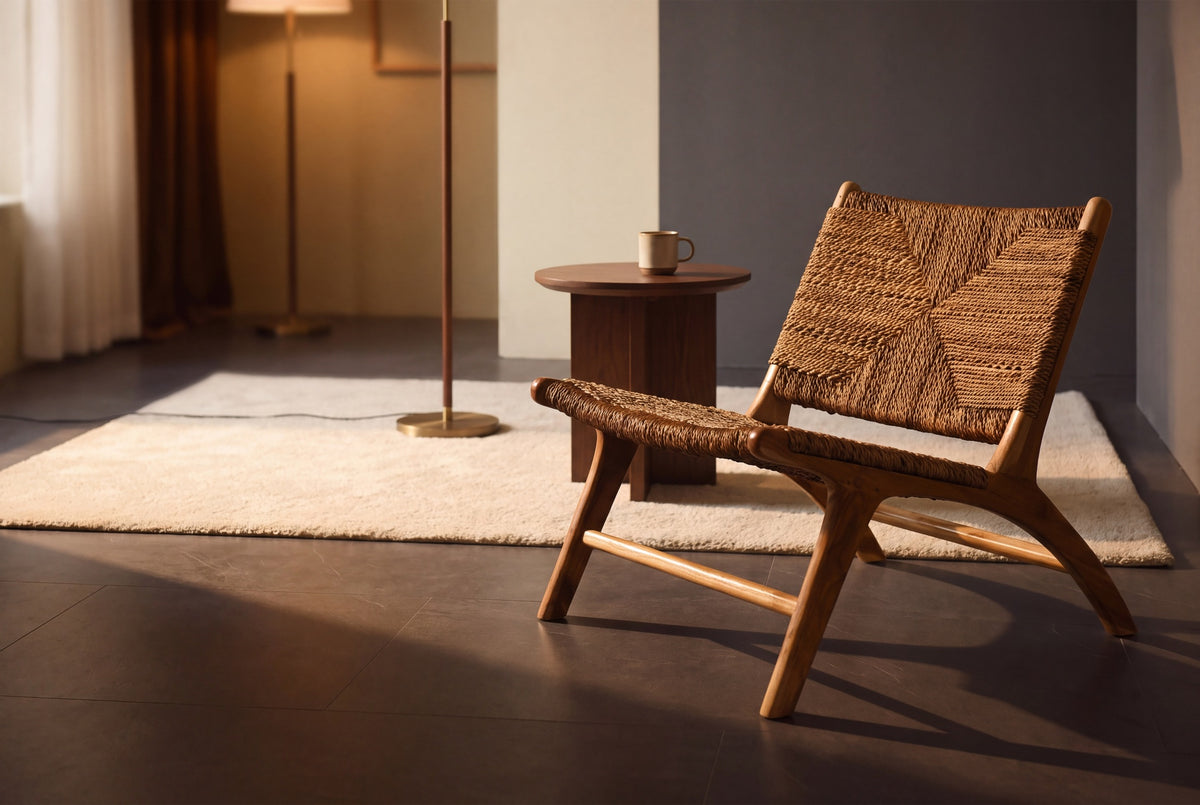 The Lavenham solid ash lounge chair with a woven vine seat in a warm lamp-lit reading corner