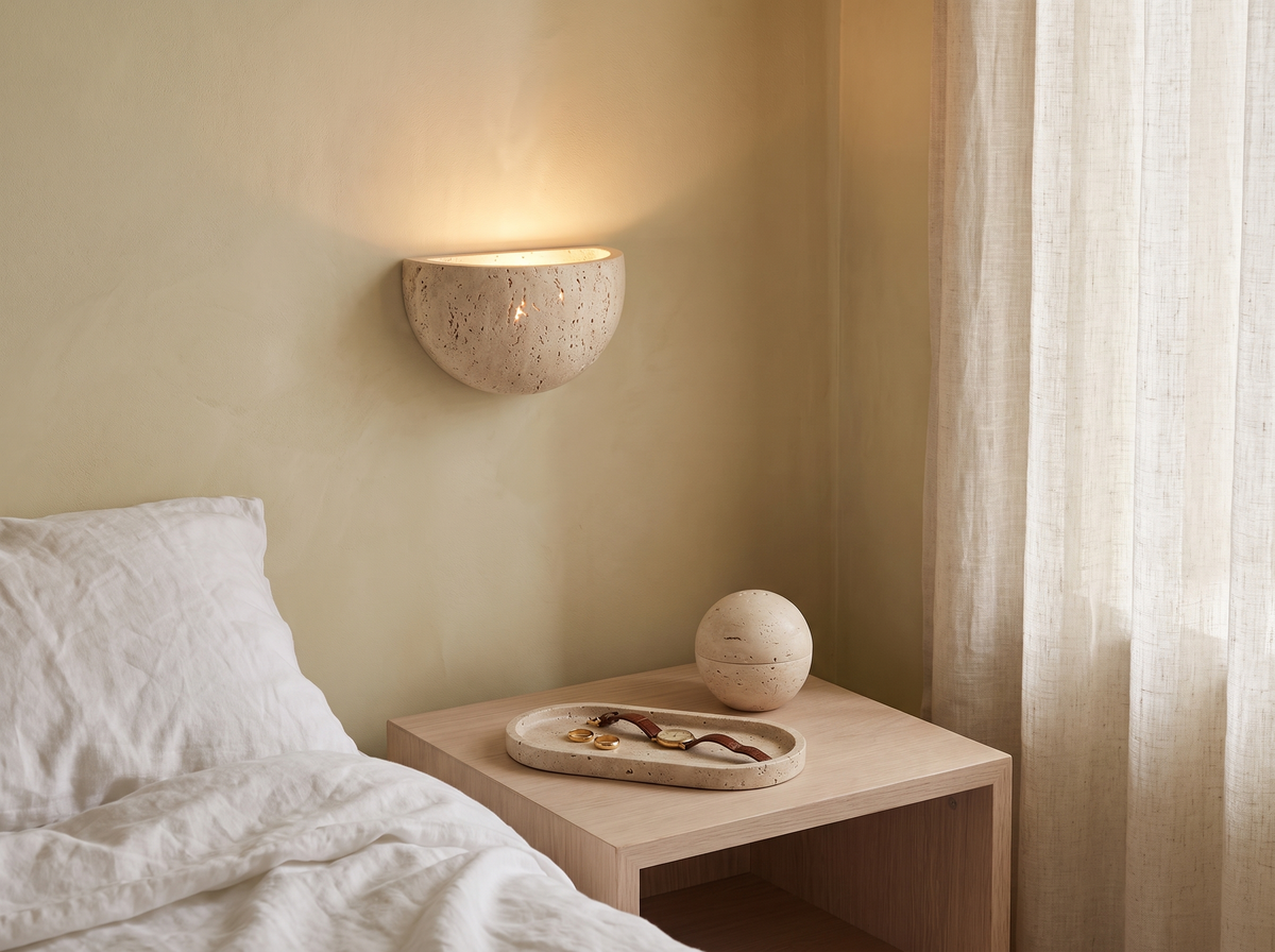 A bedside with the Inglecote travertine wall light, the Ashby tray and the Tetbury sphere