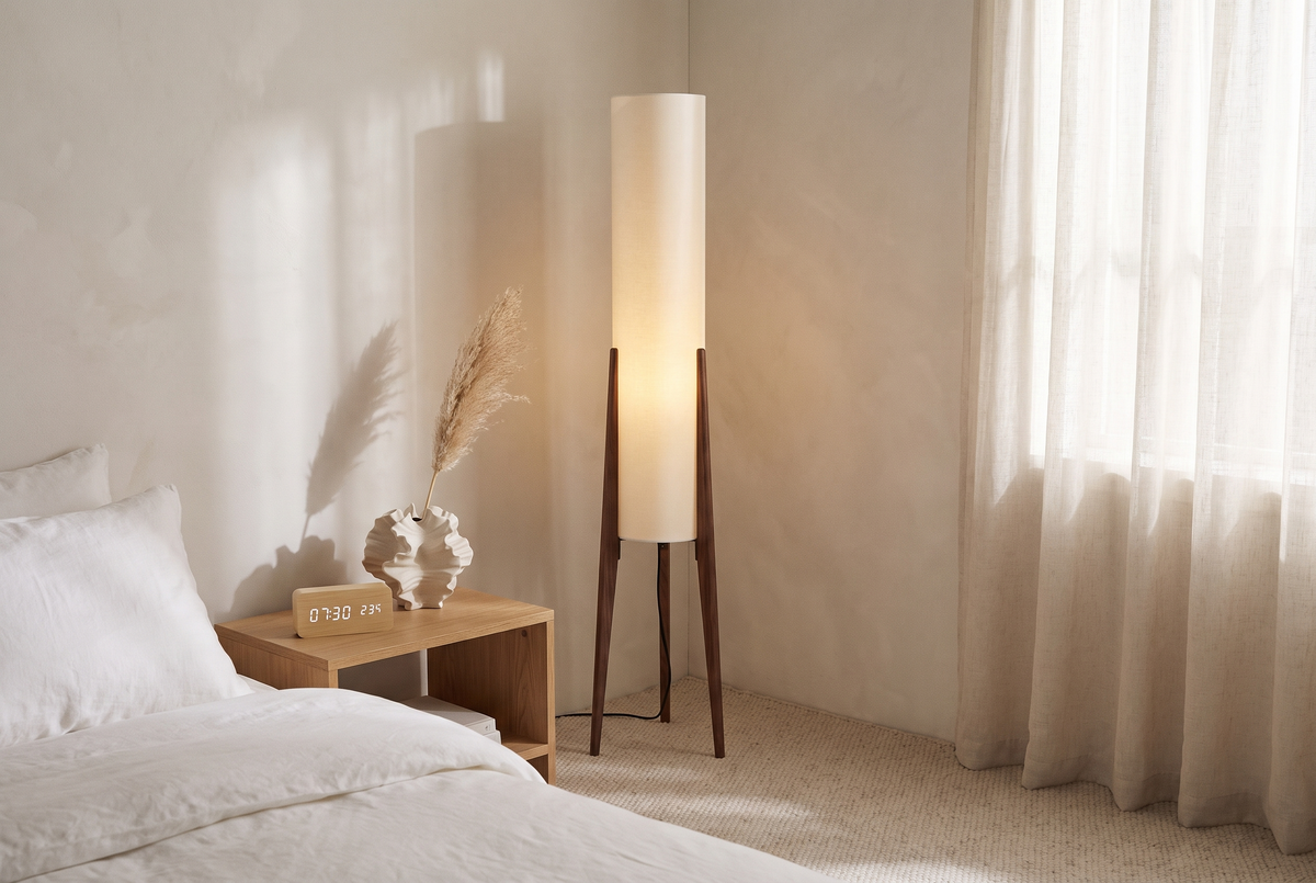 A Dusk Oak bedroom corner in morning light with the Wetherby floor lamp, Hensley clock and Cheltenham vase
