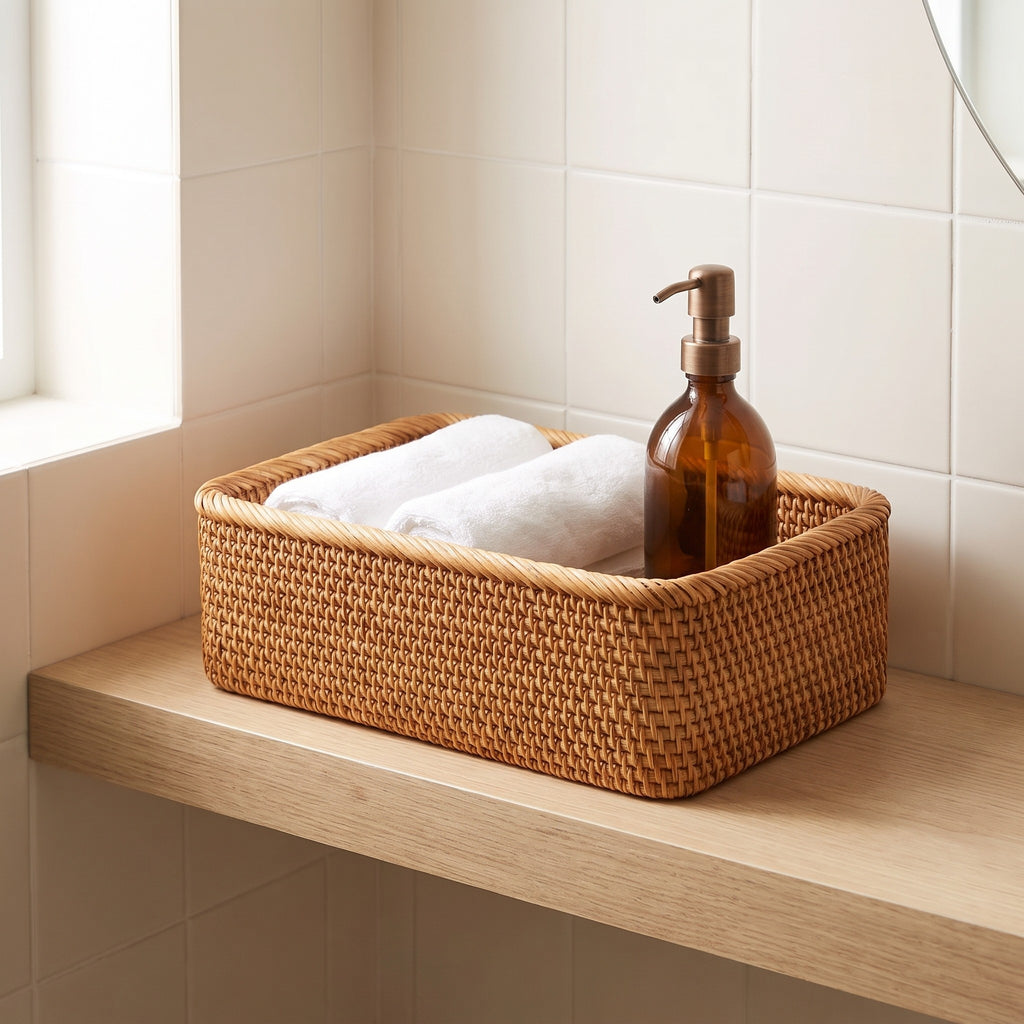Fjallbacka rattan basket holding white hand towels on an oak bathroom shelf