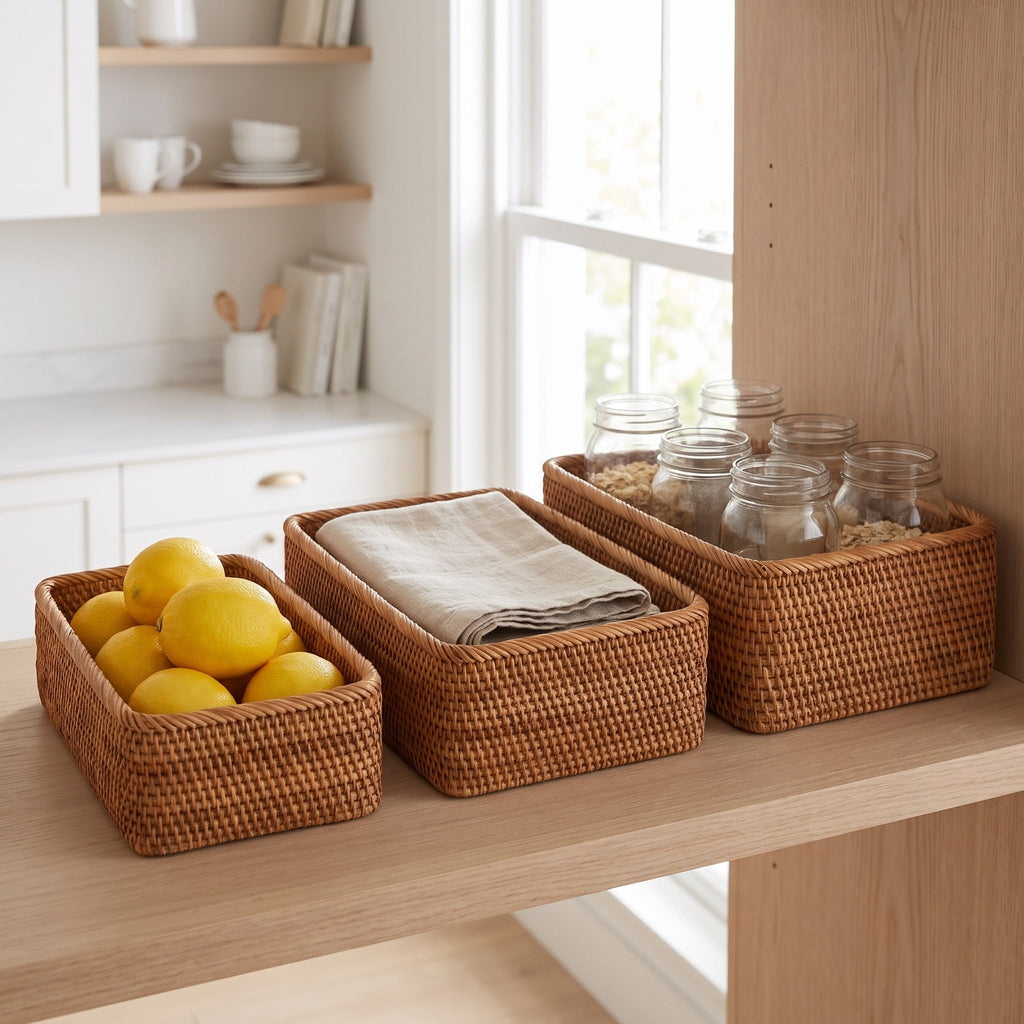 Three Fjallbacka rattan baskets on an oak pantry shelf with lemons and jars