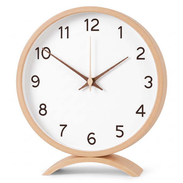 Freiburg wooden mantel clock in natural wood with a white dial, on its curved stand