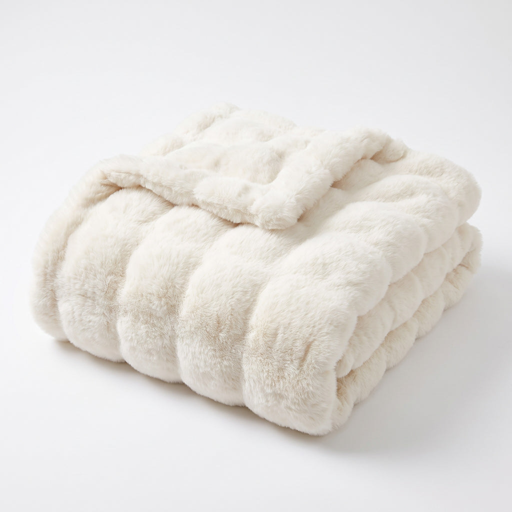 Gent ruched faux fur throw in cream, folded, on white
