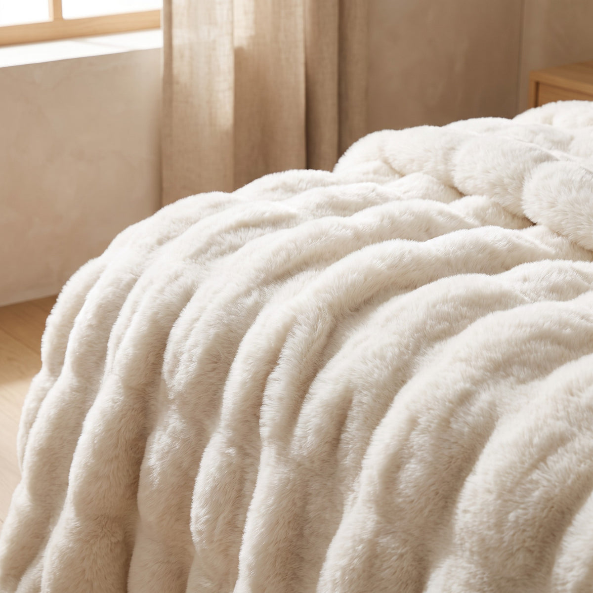 Close up of the deep ruched ridges of the Gent cream faux fur throw