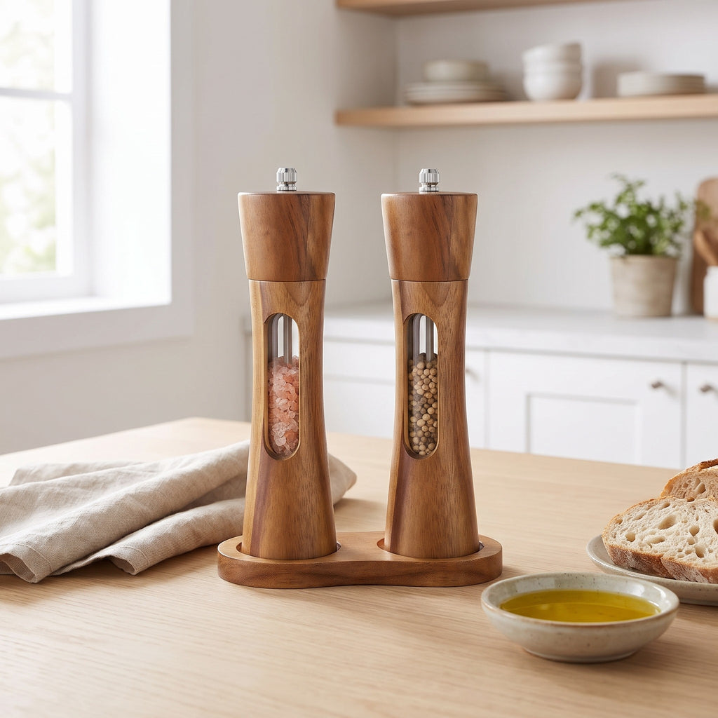 Grebbestad salt and pepper mills on an oak kitchen table with bread and olive oil