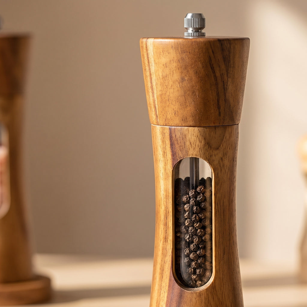 Close up of the Grebbestad pepper mill window filled with black peppercorns
