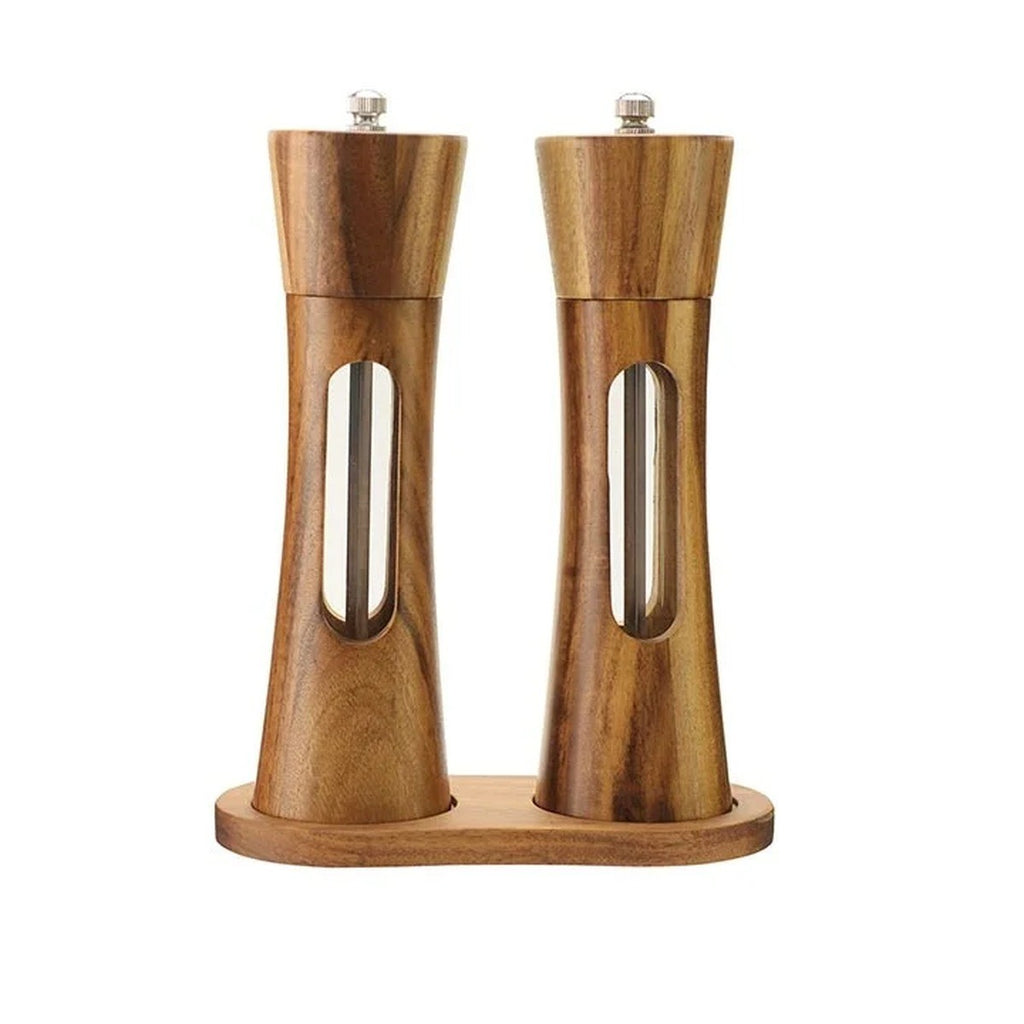 Grebbestad acacia salt and pepper mills on their base, product photo