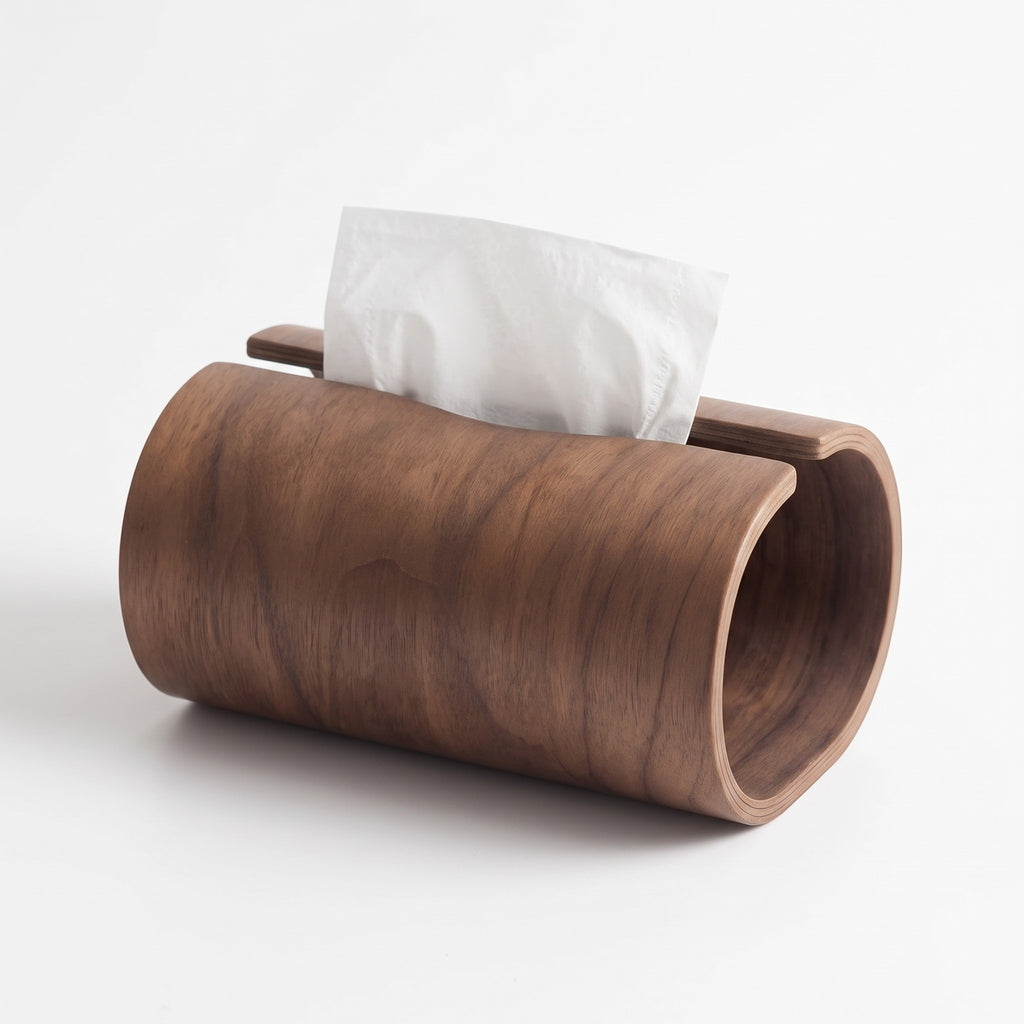 Haarlem walnut tone bent wood tissue box holder with a tissue, on white