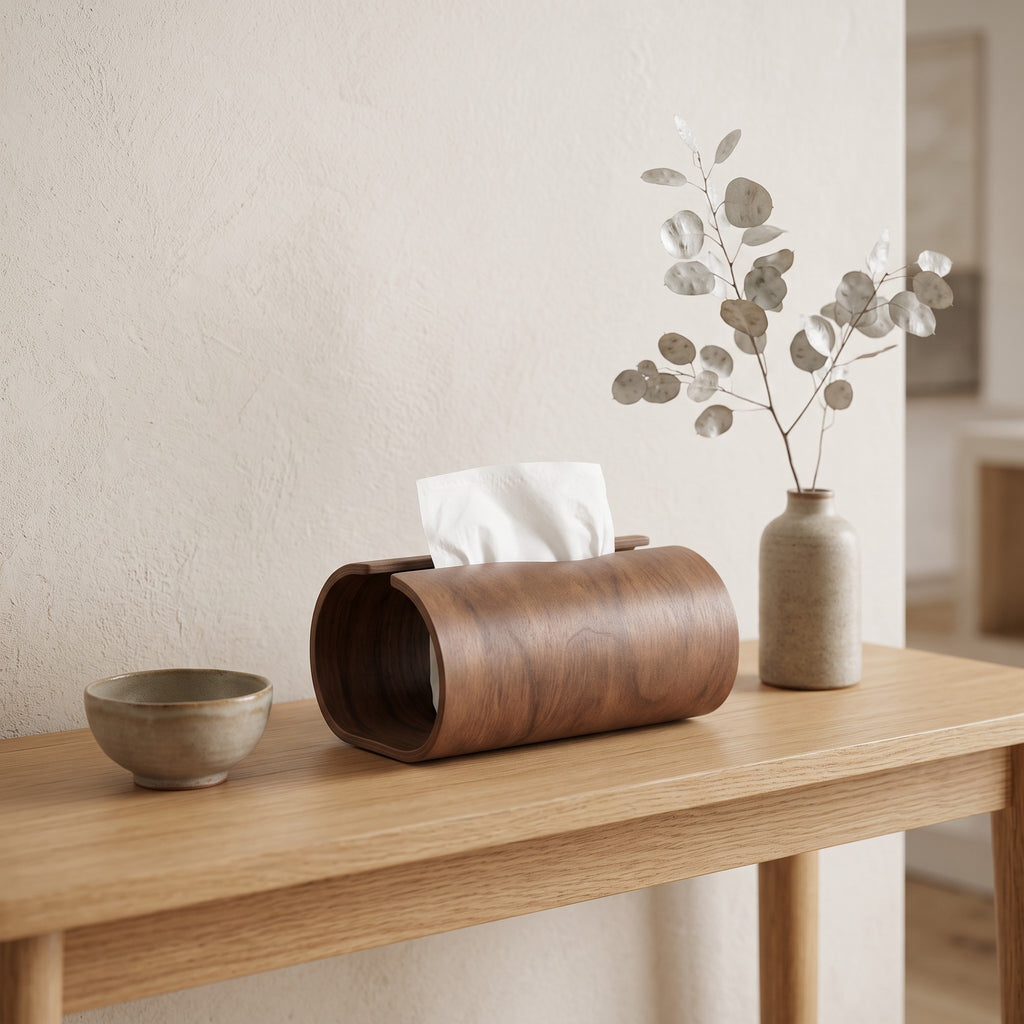 Haarlem tissue box holder on a light oak hallway console