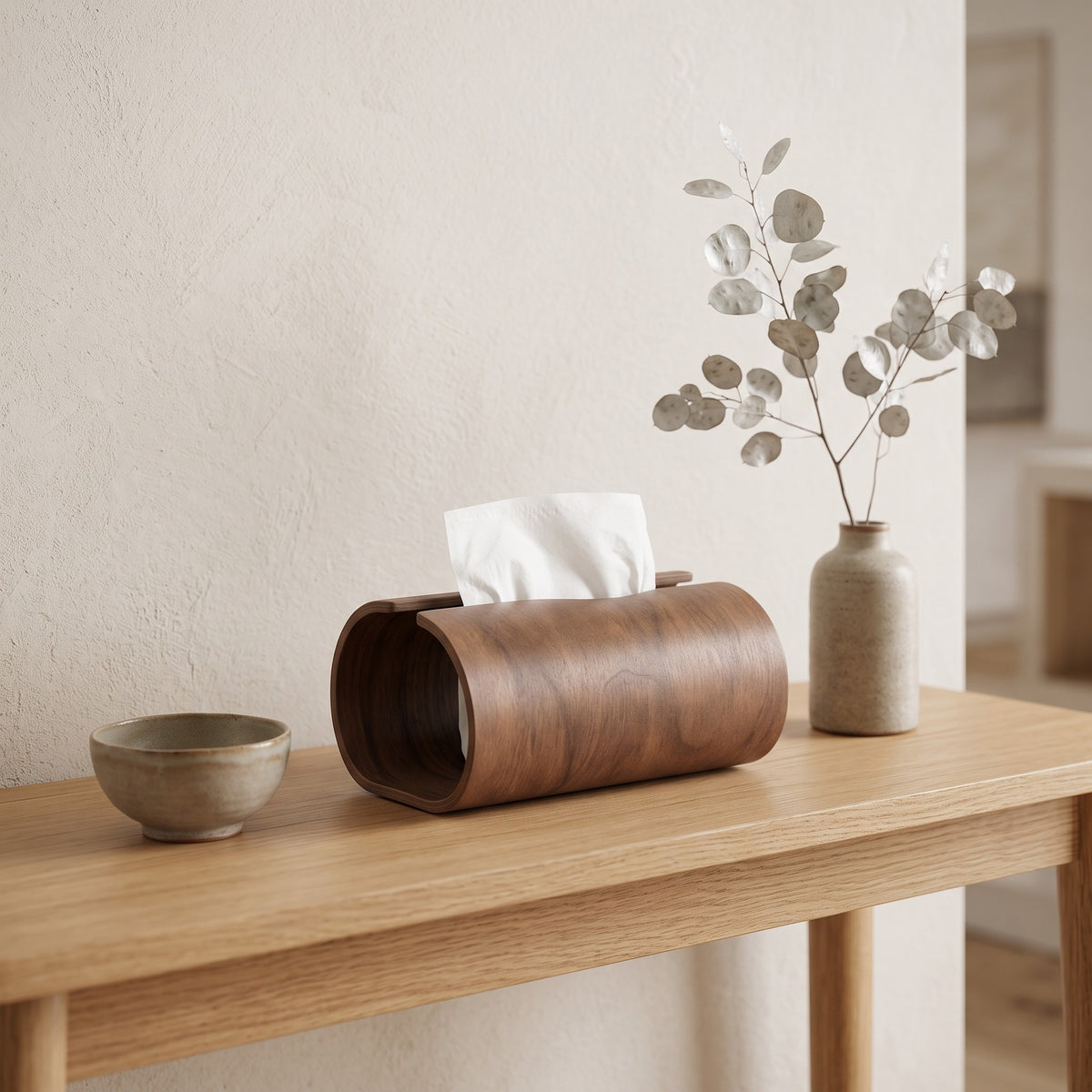 Haarlem tissue box holder on a light oak hallway console
