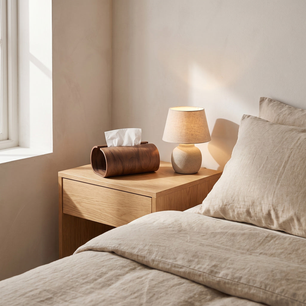 Haarlem tissue box holder on a bedside table beside a linen bed