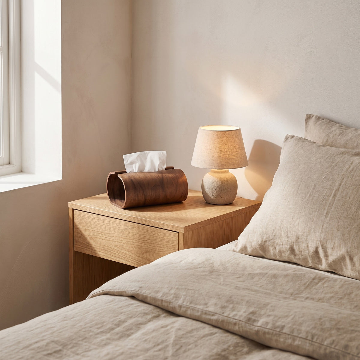 Haarlem tissue box holder on a bedside table beside a linen bed