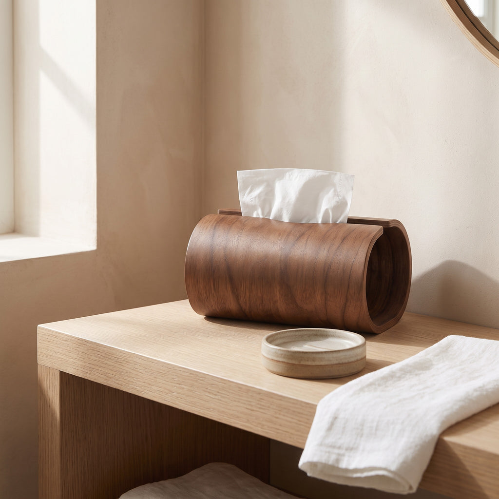 Haarlem tissue box holder on a pale oak bathroom shelf beside a soap dish