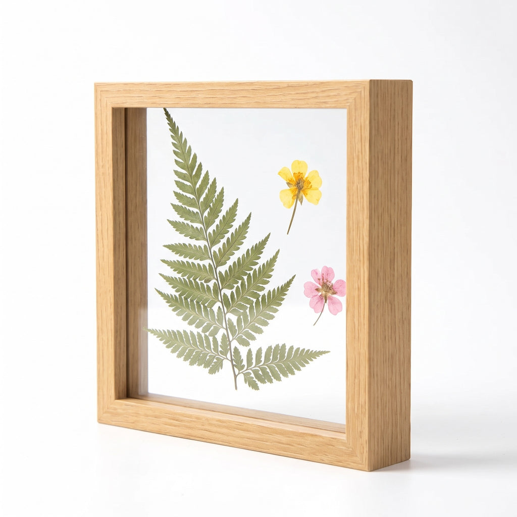 Hallstatt double glass floating frame in natural oak tone with a pressed fern